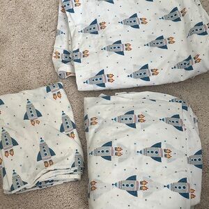 Indigo White Cotton Sheet Set with Blue Rockets and Orange Flames